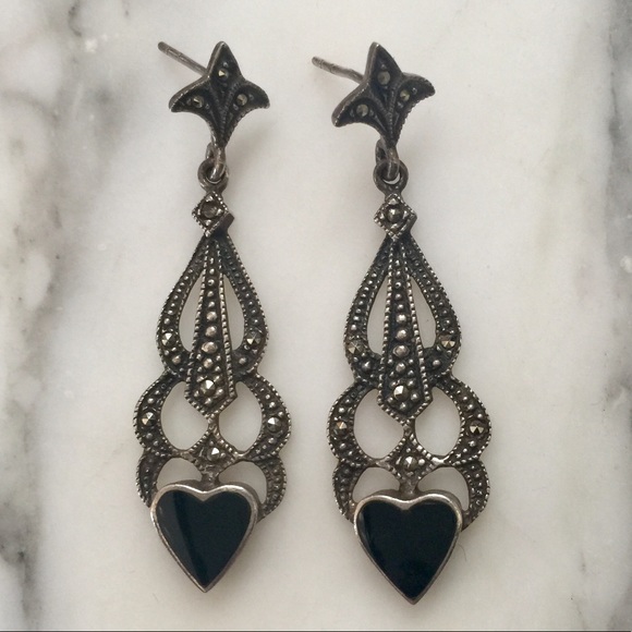 Vintage Jewelry - Vintage 925 Marcasite Earrings w/Onyx Hearts